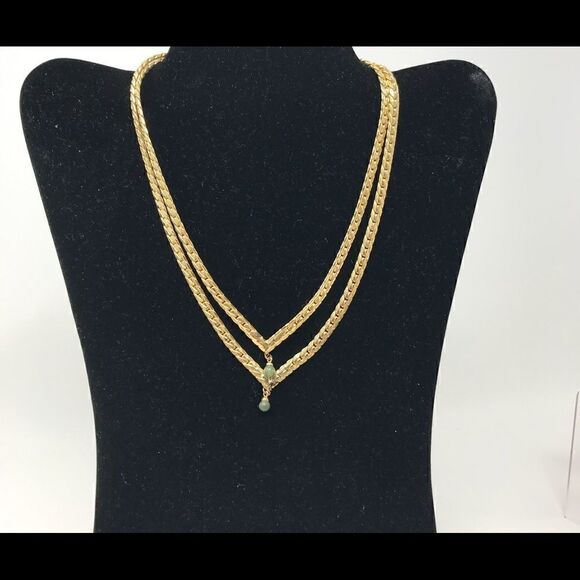 Gold tone double necklace with Jade drops. - Picture 1 of 9
